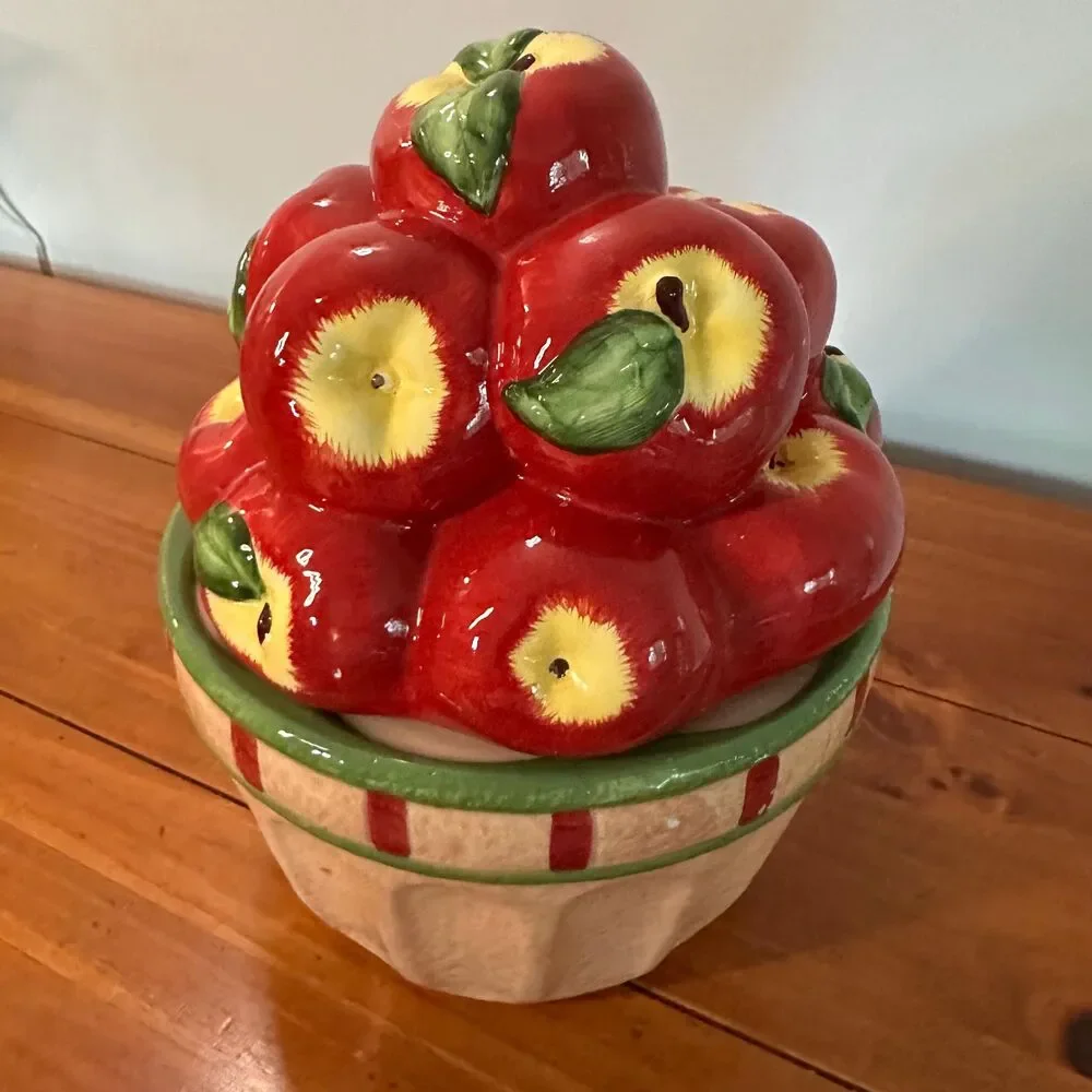 Vintage Big Apple Basket Ceramic Cookie Jar 3D Red Fruit Figural Canister READ